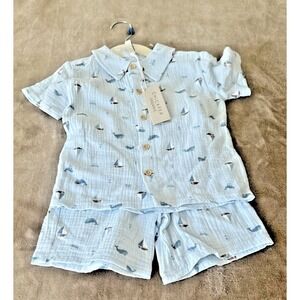 Chick Pea Organic Toddler Size 3T 2-Piece Sailboat Short Set Blue Beach Whale